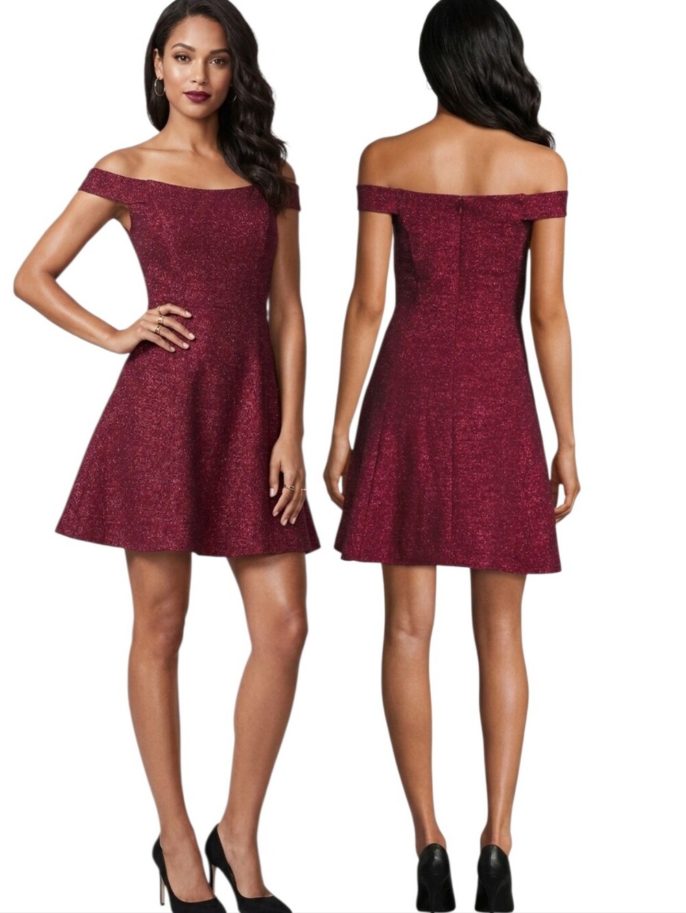 BETSY & ADAM Off-the-Shoulder Glitter Mini Cocktail Dress - Size 6